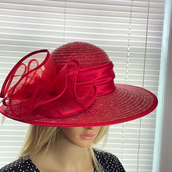 Red, Wide Brim, Straw Hat with Satin Trim - Picture 1 of 7